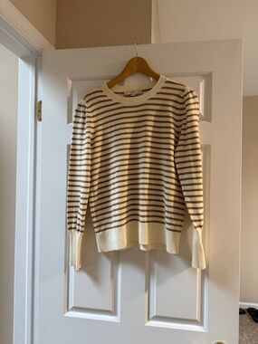 LOFT Cream and Tan Striped Crewneck Sweater